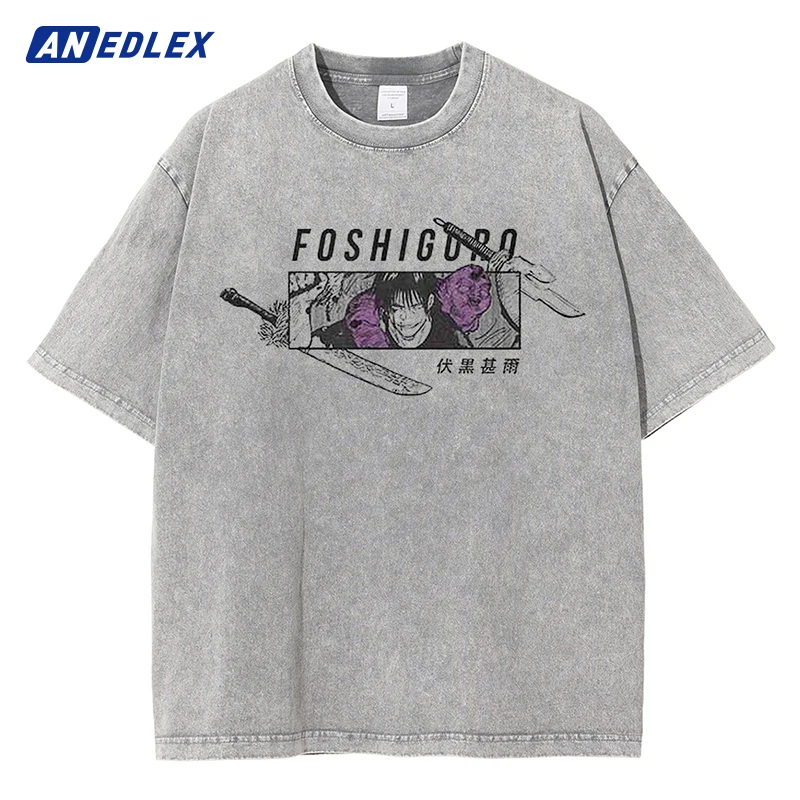 Men Fashion Streetwear Washed Light Gray T-Shirt Anime Graphic Print Harajuku Cotton Casual Tshirt Summer Short Sleeve Tops Tees