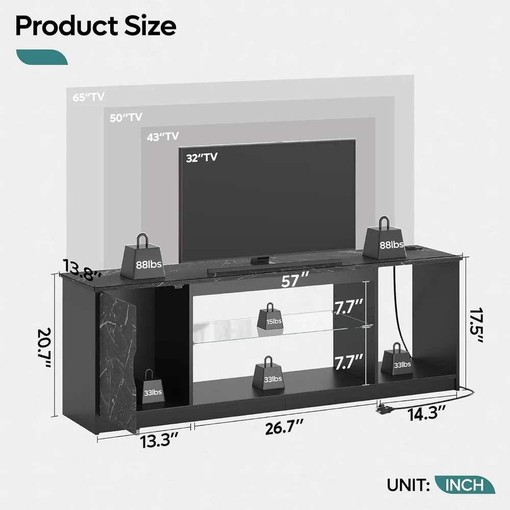 حامل تلفزيون مع منافذ طاقة لغرفة النوم، حامل تلفزيون للألعاب لتلفزيون 65 بوصة، مركز ترفيه أسود لـ PS5، وحدة تحكم تلفزيون