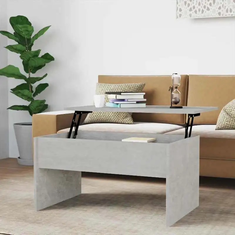 Table basse en bois d'ingénierie gris béton 80x50,5x41,5 cm, surface relevable avec espace de rangement, pratique et facile à nettoyer pour salons.