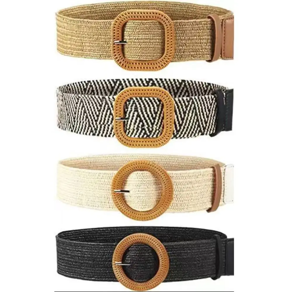 

Simple Square Buckle Straw Weave Belt Elastic Waist Belt Jeans Decoration Bohemian Wide Belt Korean Style Waistbands Daily