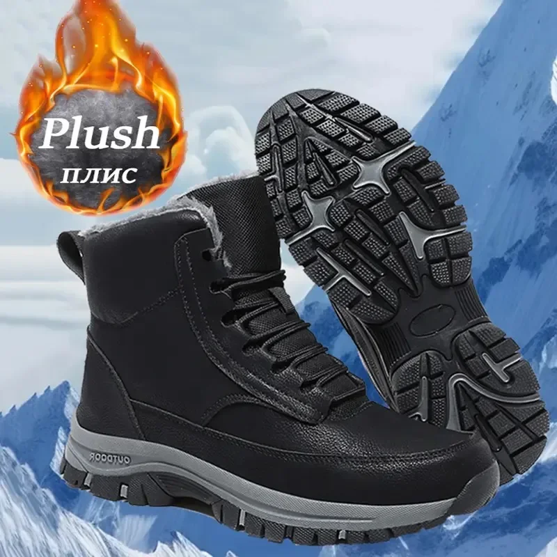 

Winter Men's High Top Sneakers Outdoor Waterproof Leather Boots Plush Warm Snow Boots Non Slip Platform Hiking Boots for Men2024