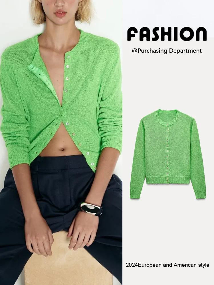 

New Summer Women's Knitted Long Sve round Ne Single Buttoned Outerwear Simple Versatile Commute Sle Faionable Outerwear