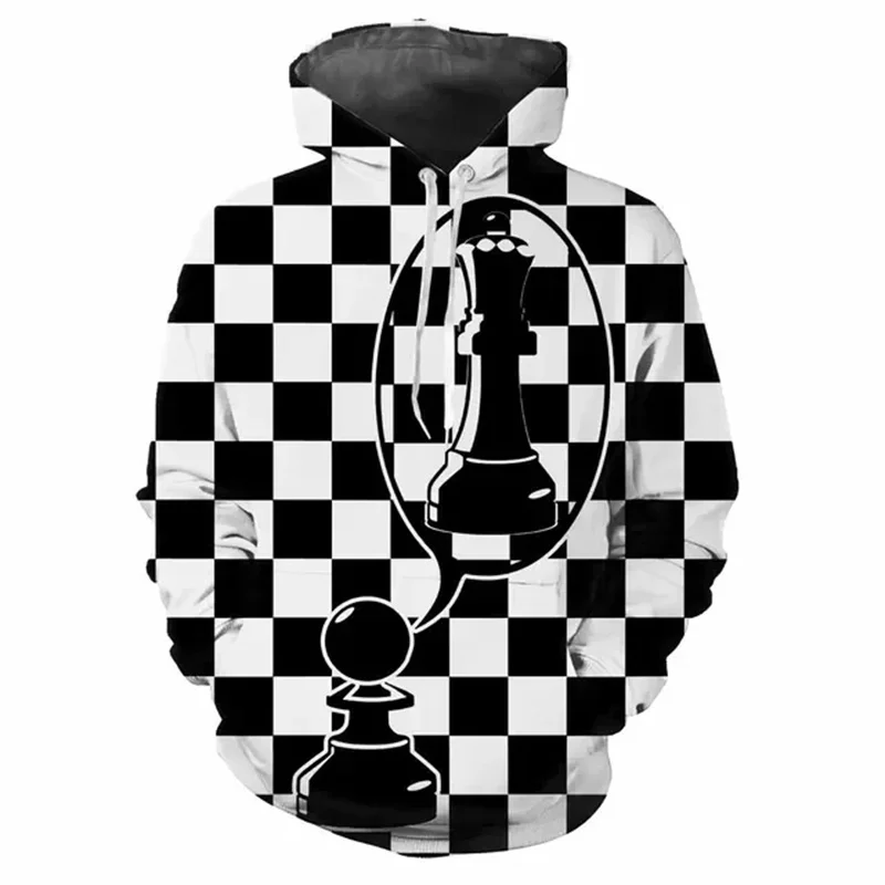 3D Printed Checkerboard Plaid Hoodies For Men Women Black White Pattern Long Sleeves Casual Hooded Tops Pullovers Sweatshirts