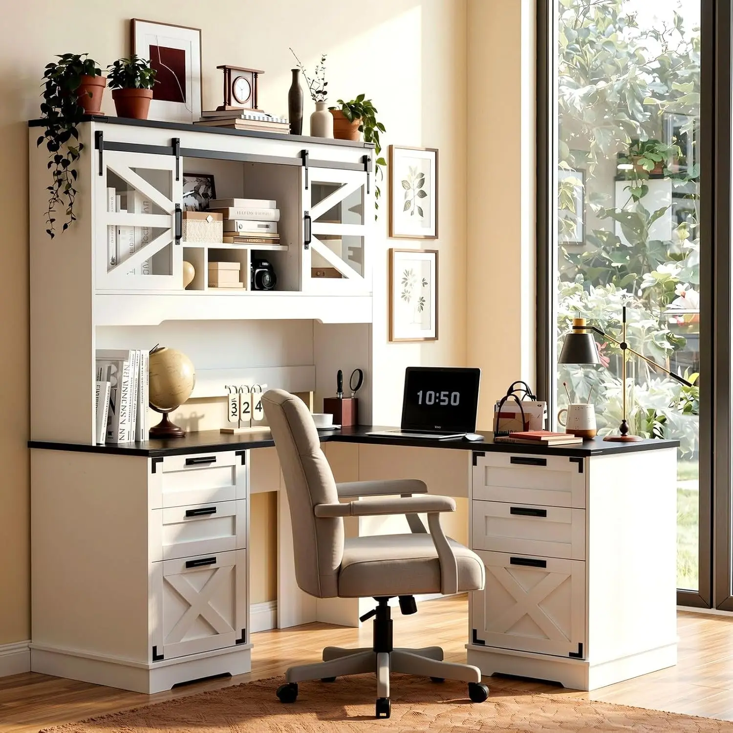 Farmhouse L Shaped Executive Desk with Hutch & Power Outlet, Customized