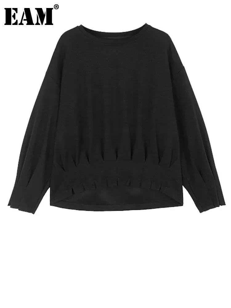 [EAM] Women Black Irregular Hem Pleated Big Size T-shirt New Round Neck Long Sleeve Fashion Tide Spring Autumn 2024 1DH6798