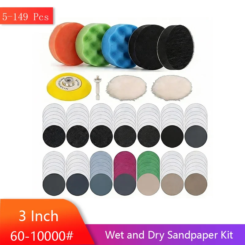 3 Inch Sanding Paper Kit 5-149 Pcs for Headlight Restoration Assorted 60-10000 Grit Wet Dry Silicon Carbide Hook Loop Sandpaper