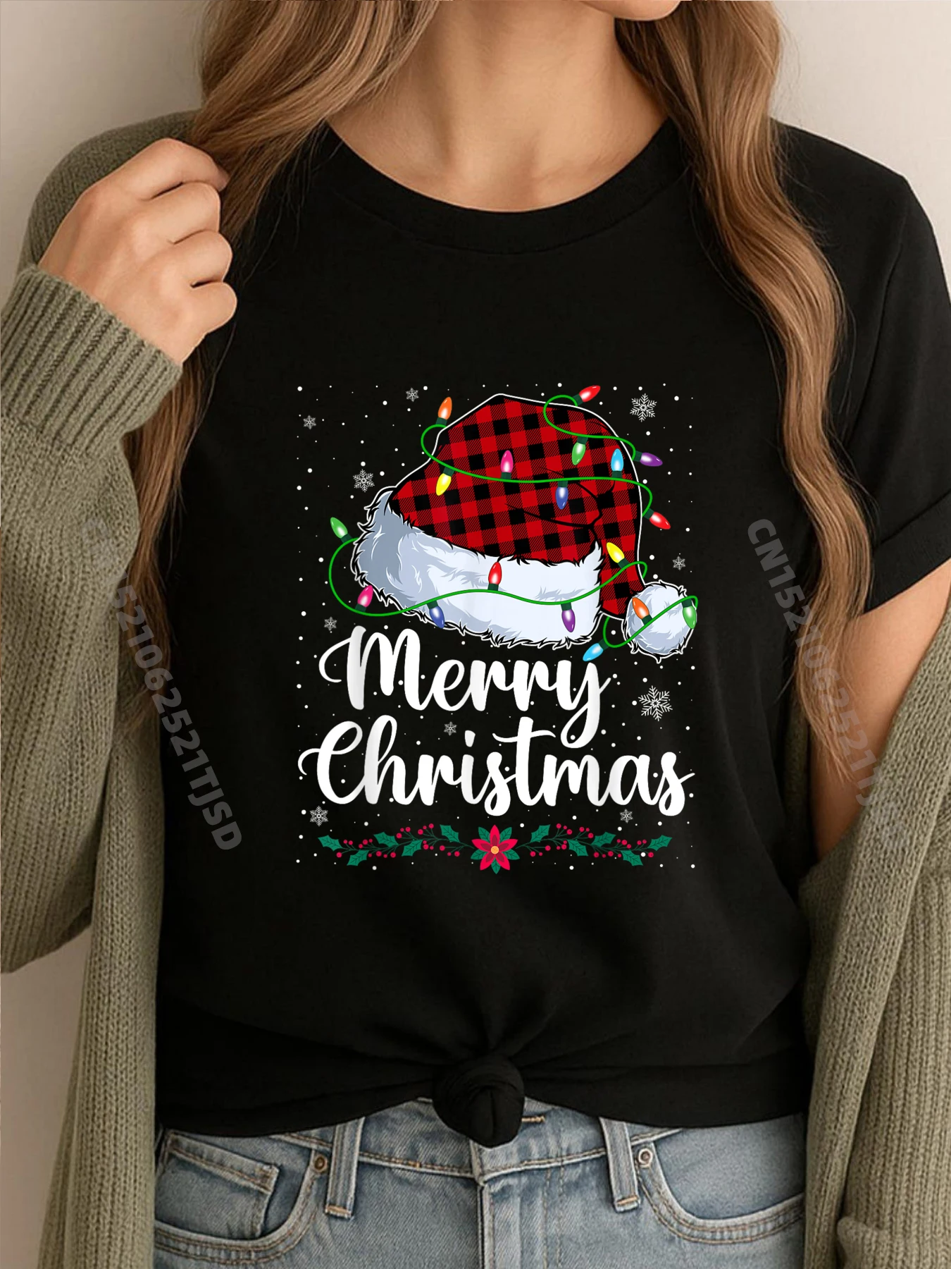 

Роскошные женские футболки с короткими рукавами в клетку буйвола, шляпа Санта-Клауса, рождественские огни, уличная одежда, роскошные футболки