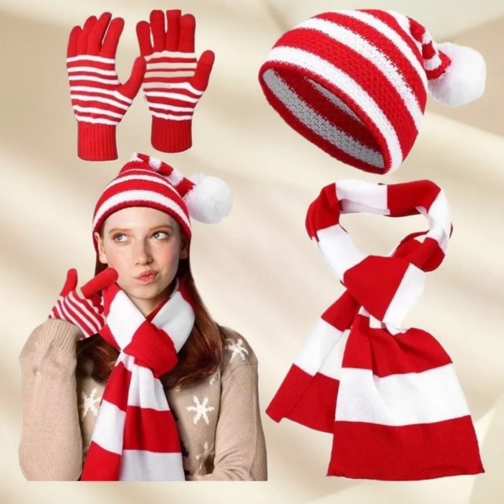 Thermal Yarn Christmas Hat Scarf Gloves Plush Pom Xmas Beanie Striped Pattern Elastic Fit Knitted Holiday Scarf Holiday Gift