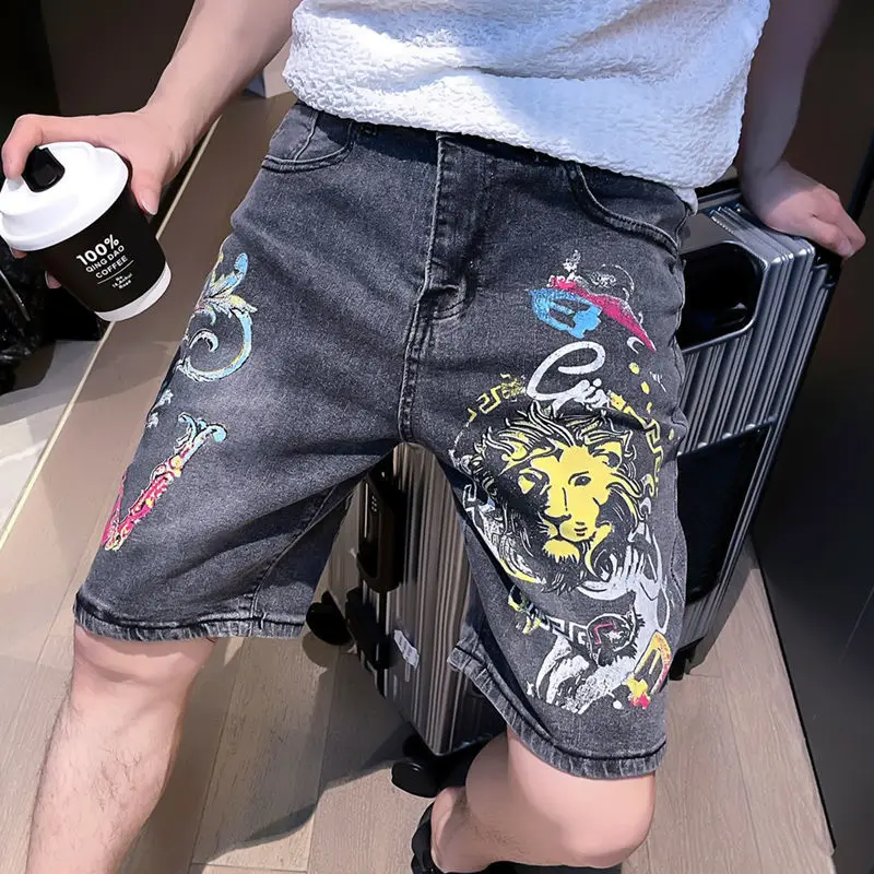 2024 Summer Men\'s Clothing Denim Shorts Striped Pants Leisure Time Easy Button Mid Waist Zipper Fashion Trend All-match Shorts