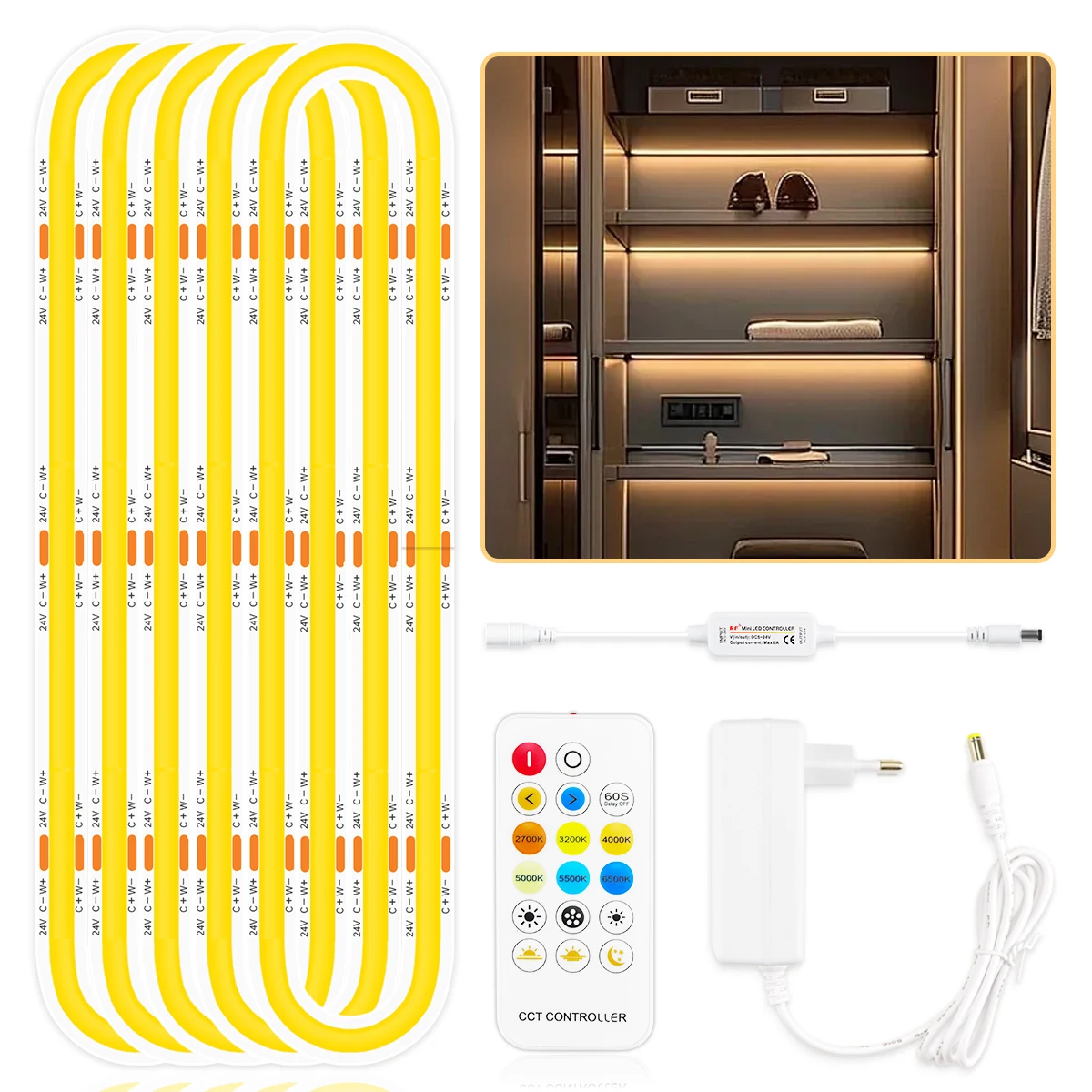 24V CCT COB LED Strip Cabinet Light with Wireless Remote Control Dimmable,High Color Rendering,No Flicker,2700K To 6500K Change