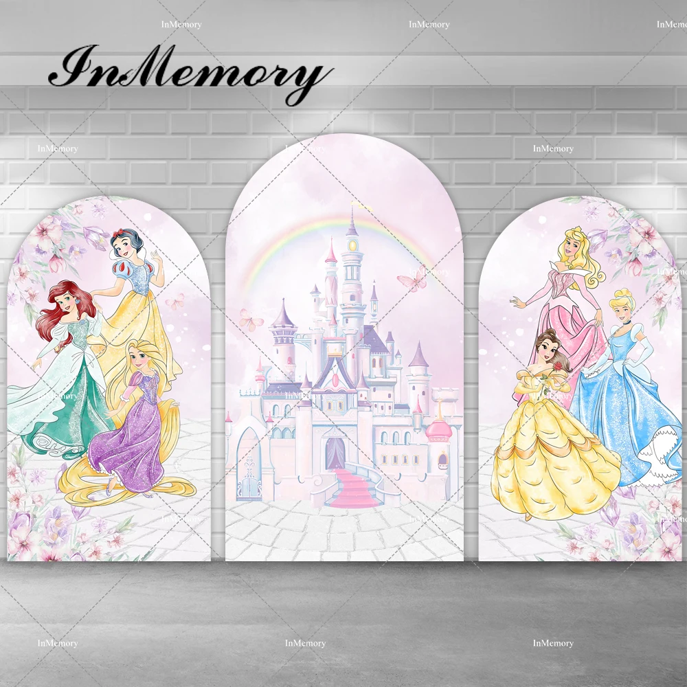 

Rainbow Castle Fairy Tale Princess Arch Backdrop Cover Flowers Pink Girls Baby Shower Birthday Party Background Double-sided