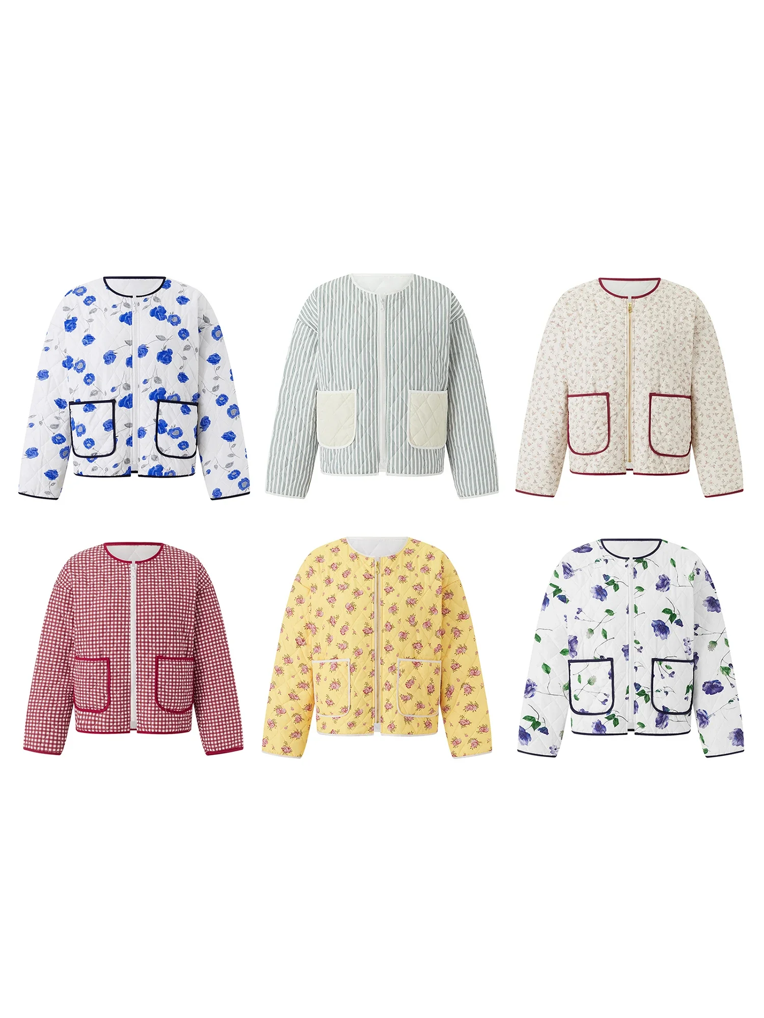 Women\'s Autumn Winter Floral Print Quilted Padded Jackets Collar Zip-up Coats Warm Outwear