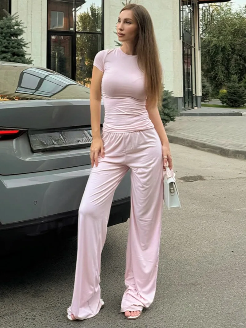 

Pink Tracksuits 2025 Summer Woman Outfit Casual O-neck Short Sleeve T-shirt Top+Elastic Waist Pants 2 Pieces Set Y2K Streetwear