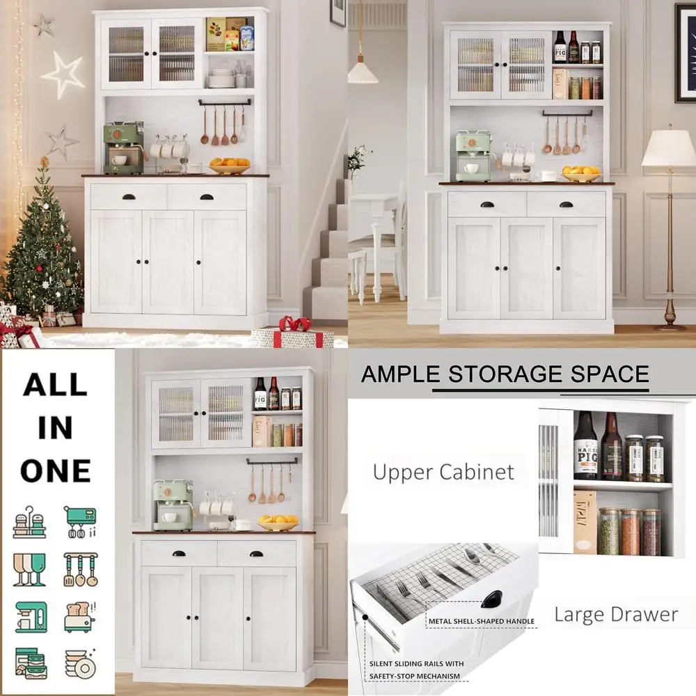 

Кухонный шкаф-буфет для хранения, 71-дюймовый высокий деревянный шкаф-буфет с подставкой для микроволновой печи, кухонный шкаф-буфет, барный шкаф-буфет с винным отделением