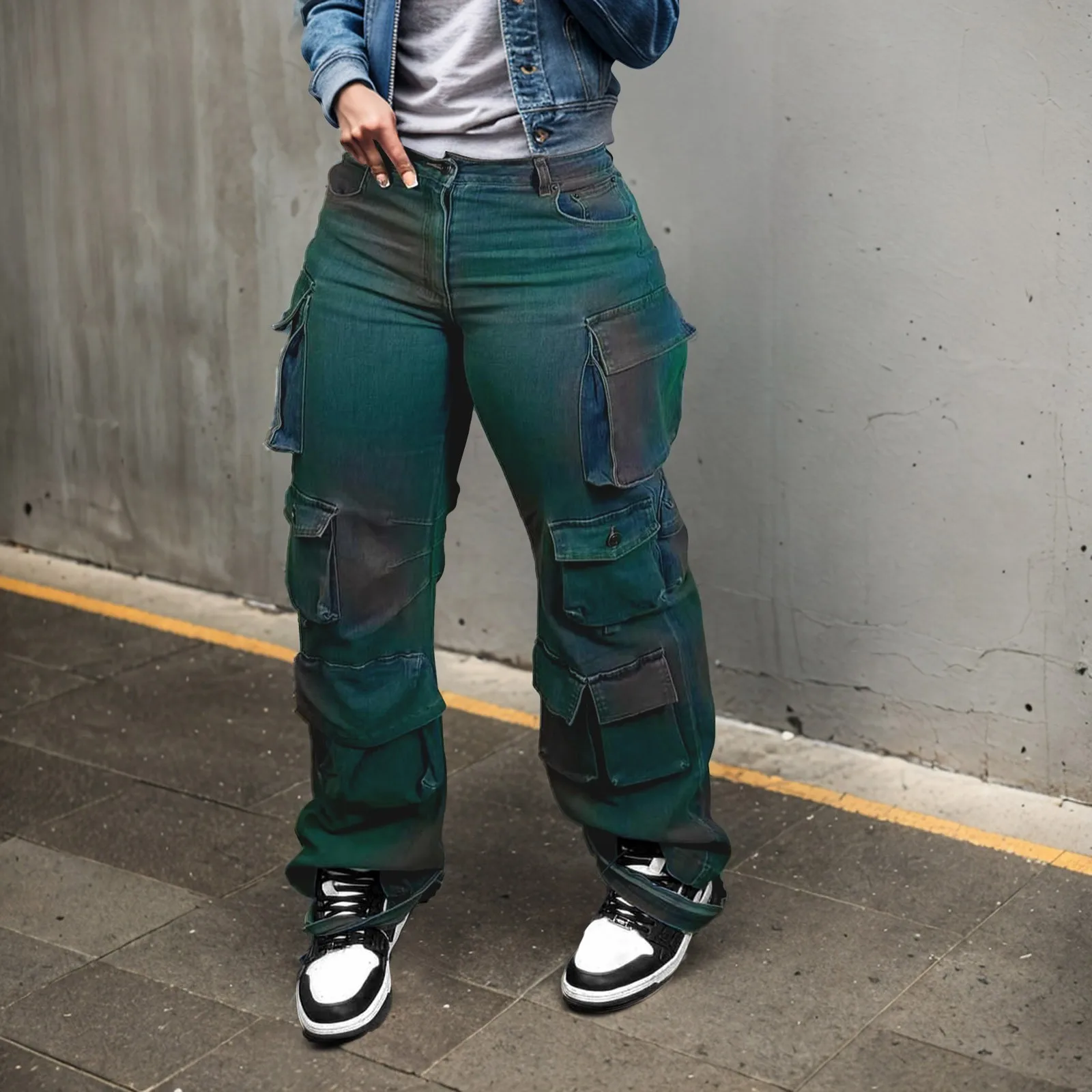 

High Street Cargo Jeans Pants With Multi-Pocket 2024 Autumn Gradient Y2k Baggy Jeans Women High Waist Wide-Leg Denim Trousers