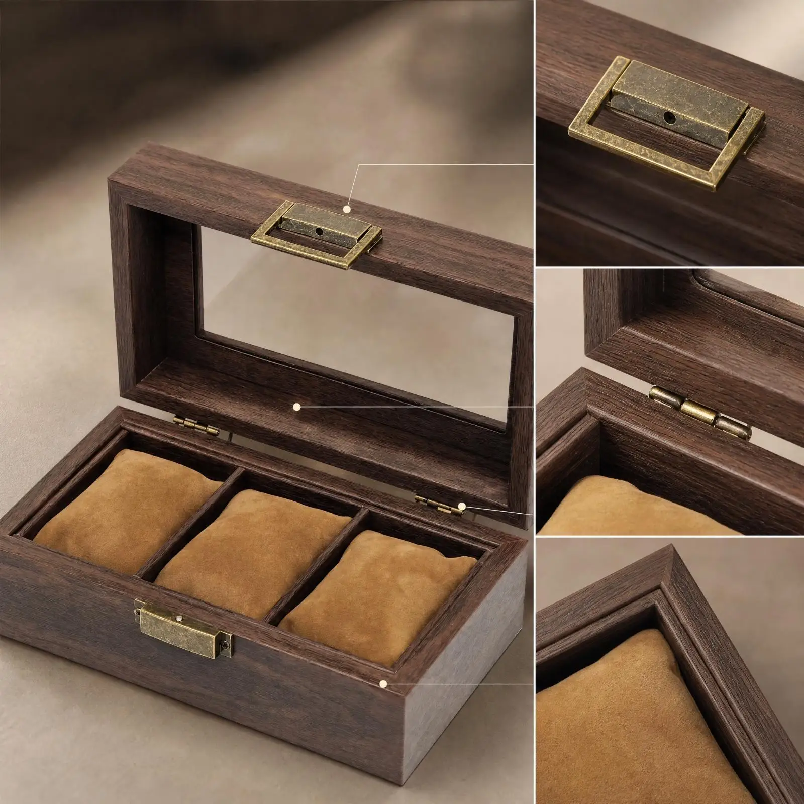 3 Pieces Woodwooden-Look Box with Glass Lid Compact Vintage Watch Case with Divided Compartments Multi-Functional for Dresser,