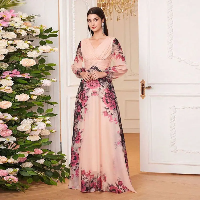 Sweet Printed Chiffon Dr KY203 Wedding Guest Dr Long Sve High Waist Plant Floral Pattern Polyester Fiber Evening Gown