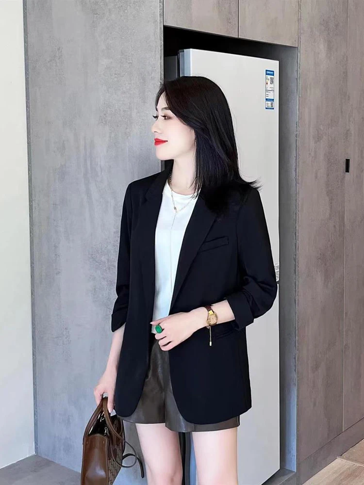 

Свободный женский пиджак в британском стиле, осенний, повседневный, премиум-класса, однобортный, с длинными рукавами, однотонный