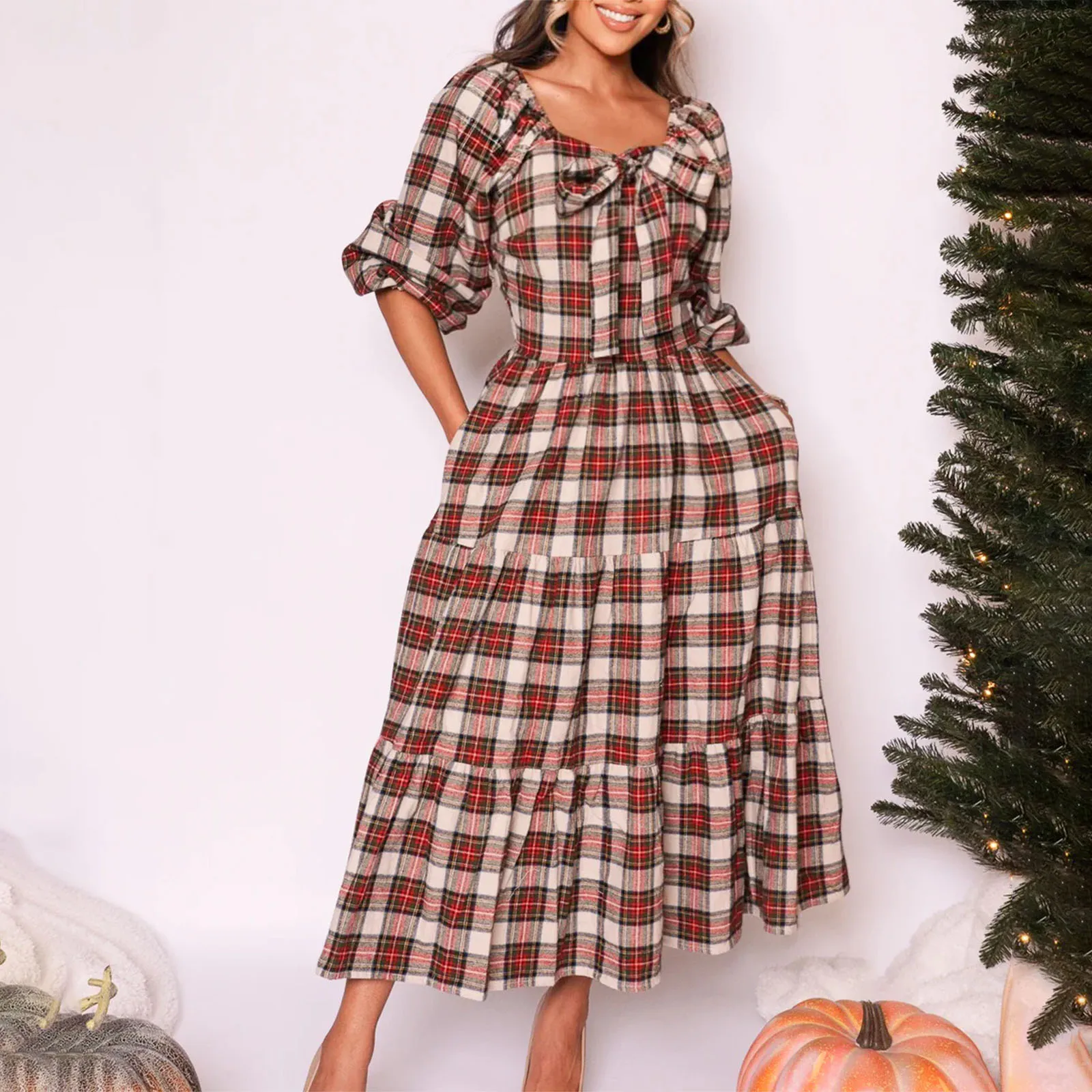 Imcute Long Sleeve Gingham Dress Bow Tie Checkered Milkmaid Fall Dresses Cottagecore Plaid Square Neck Boho Maxi Dress for Women