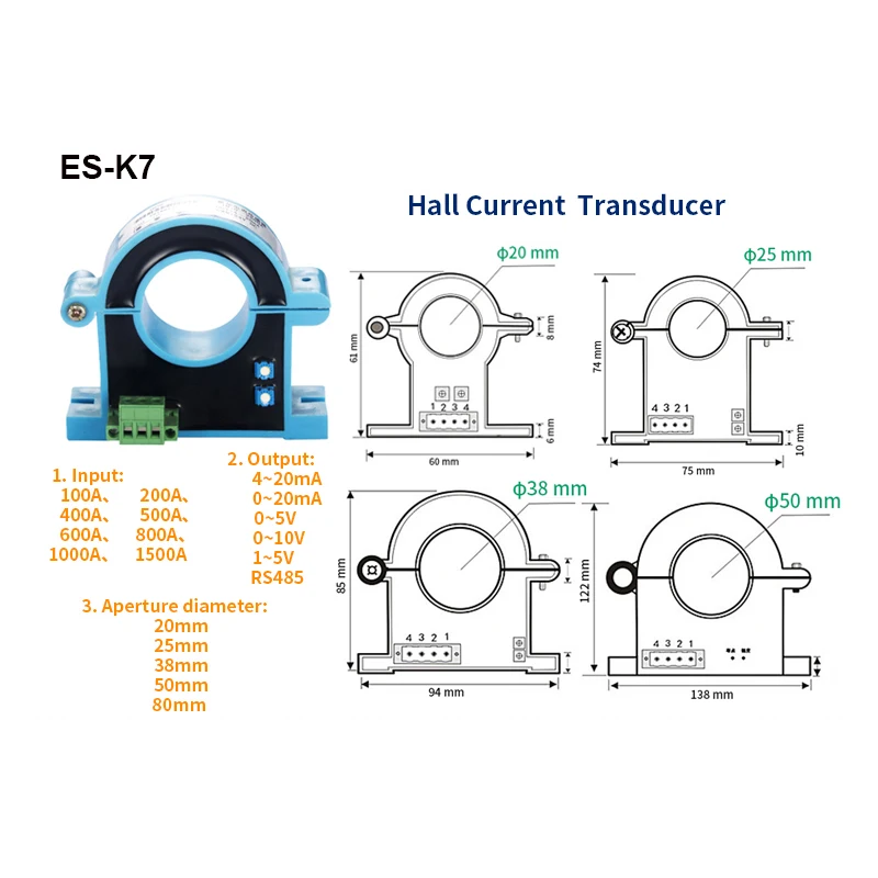 Датчик Холла с открытым контуром и разделенным сердечником 0–1500 А, вход, датчик переменного и постоянного тока 0–10 В, 4–20 мА, передатчик постоянного тока, отверстие 20 мм
