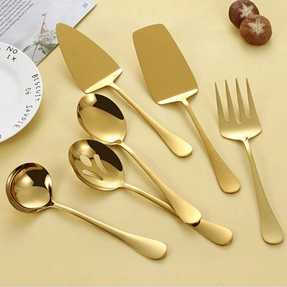 Stainless Steel Kitchenware Gold Serving Spoon Slotting Spoon Slotting Spatula Saucepan Soup Spoon Fork Kitchen Cooking Tool Set