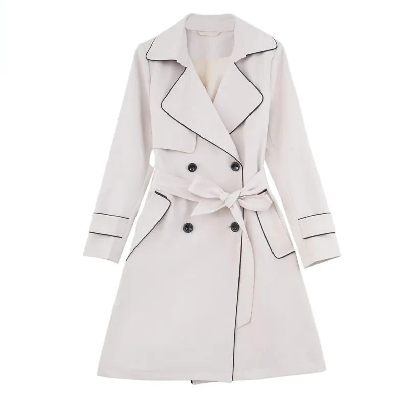 

【Подкладка 】 Женский плащ 2220, весна-осень, новый тонкий тренд, свободная ветровка средней длины на шнуровке, двубортное пальто