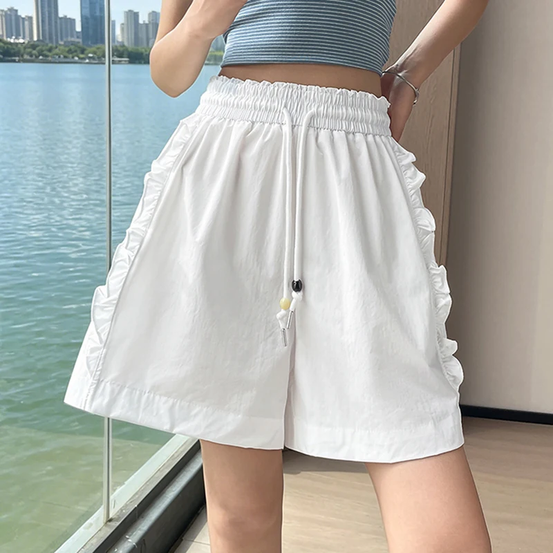 Casual Wide Leg Shorts Women Summer Sweet Ruffles Loose High Waist Shorts Simple Preppy Lace Up A Line Solid Student Shorts New