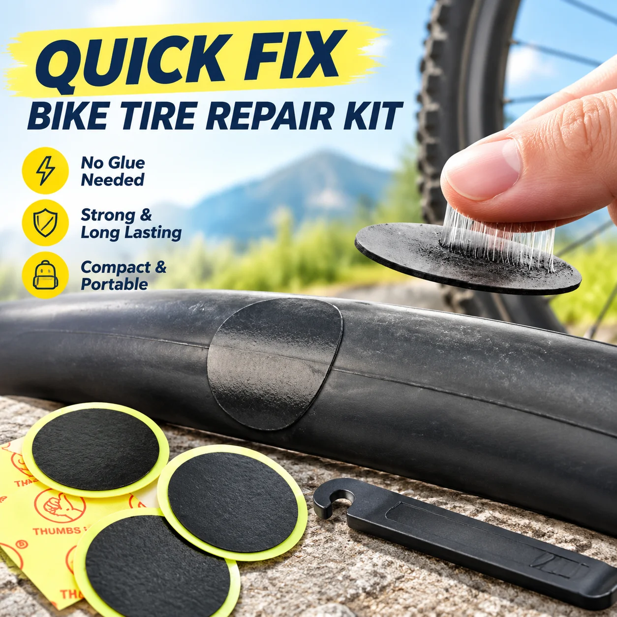 Bicycle Tire Repair Kit Pre-Glued Patches with Tire Lever, No Glue Quick Fix for Road Mountain Bike Puncture, Portable