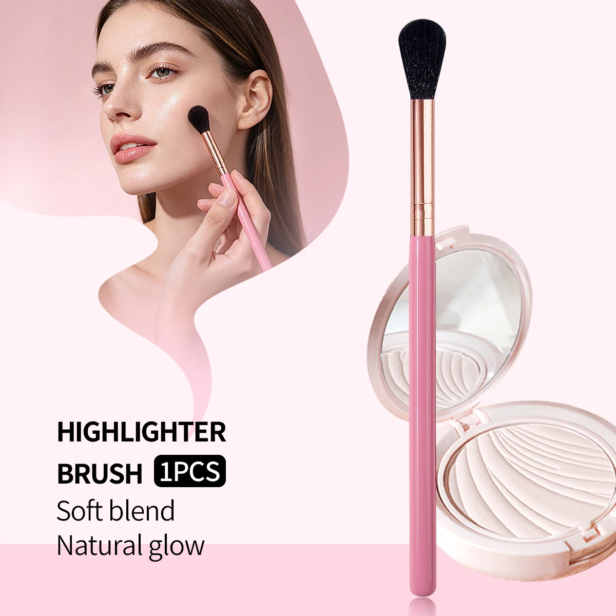 1PCS Professional Highlighter Makeup Brush, Pink Wooden Handle with Rose Gold Ferrule, Soft Fluffy Hair for Seamless Blending
