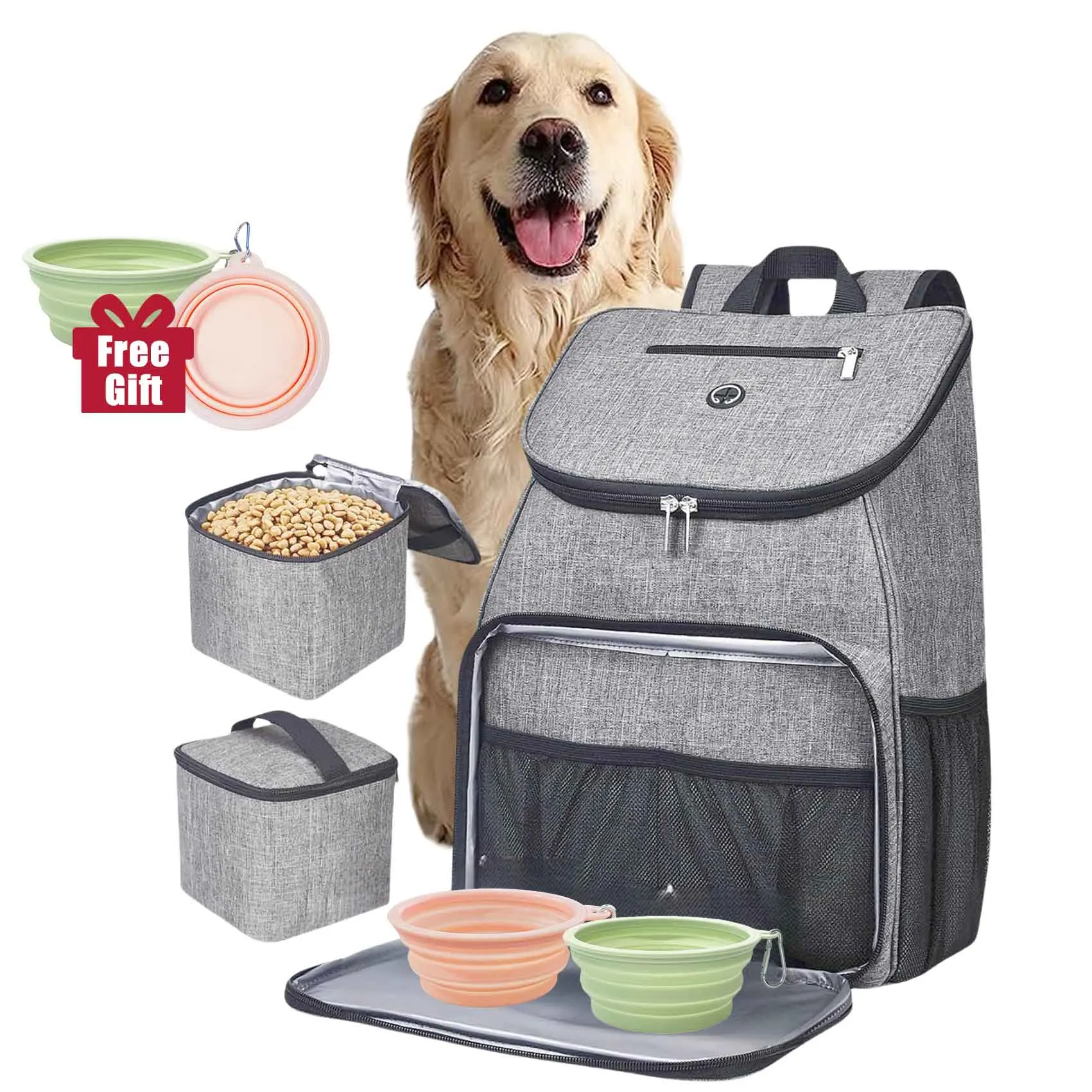 Bolsa de viagem para cães, mochila de armazenamento com bolsos multifuncionais e recipientes de armazenamento de alimentos, 2 tigelas dobráveis, 1 peça