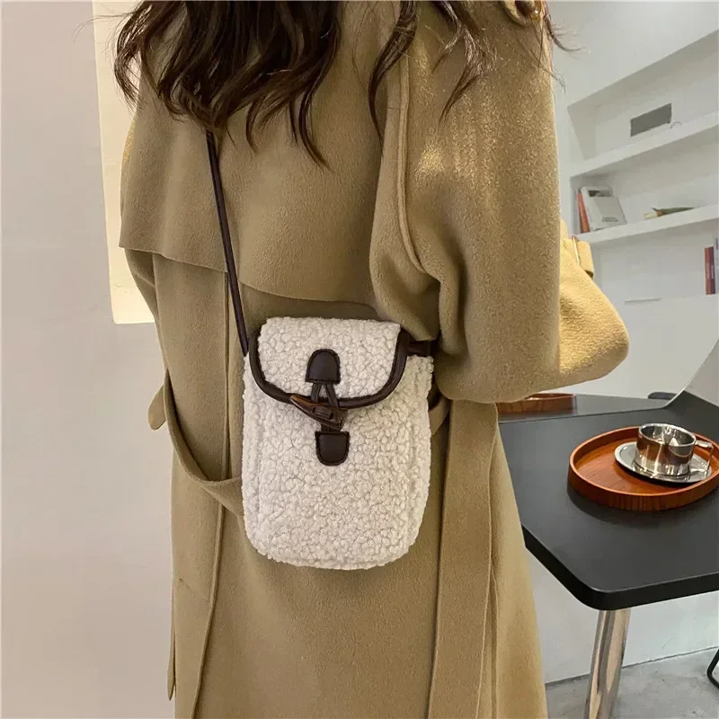 Portable Horn Button Plush Square Cozy Lambswool Phone-bag Women Faux Fur Bags Tender Sweet Lovely Cross Body