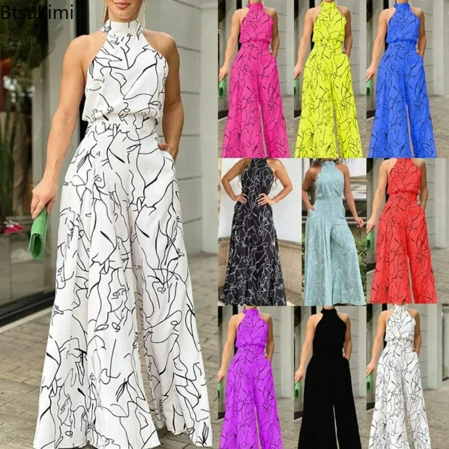 

New 2025 Women's Summer Halterneck Bodycon Sleeveless Jumpsuit Abstract Print Rompers Streetwear Wide Leg Outfits Women Clothing