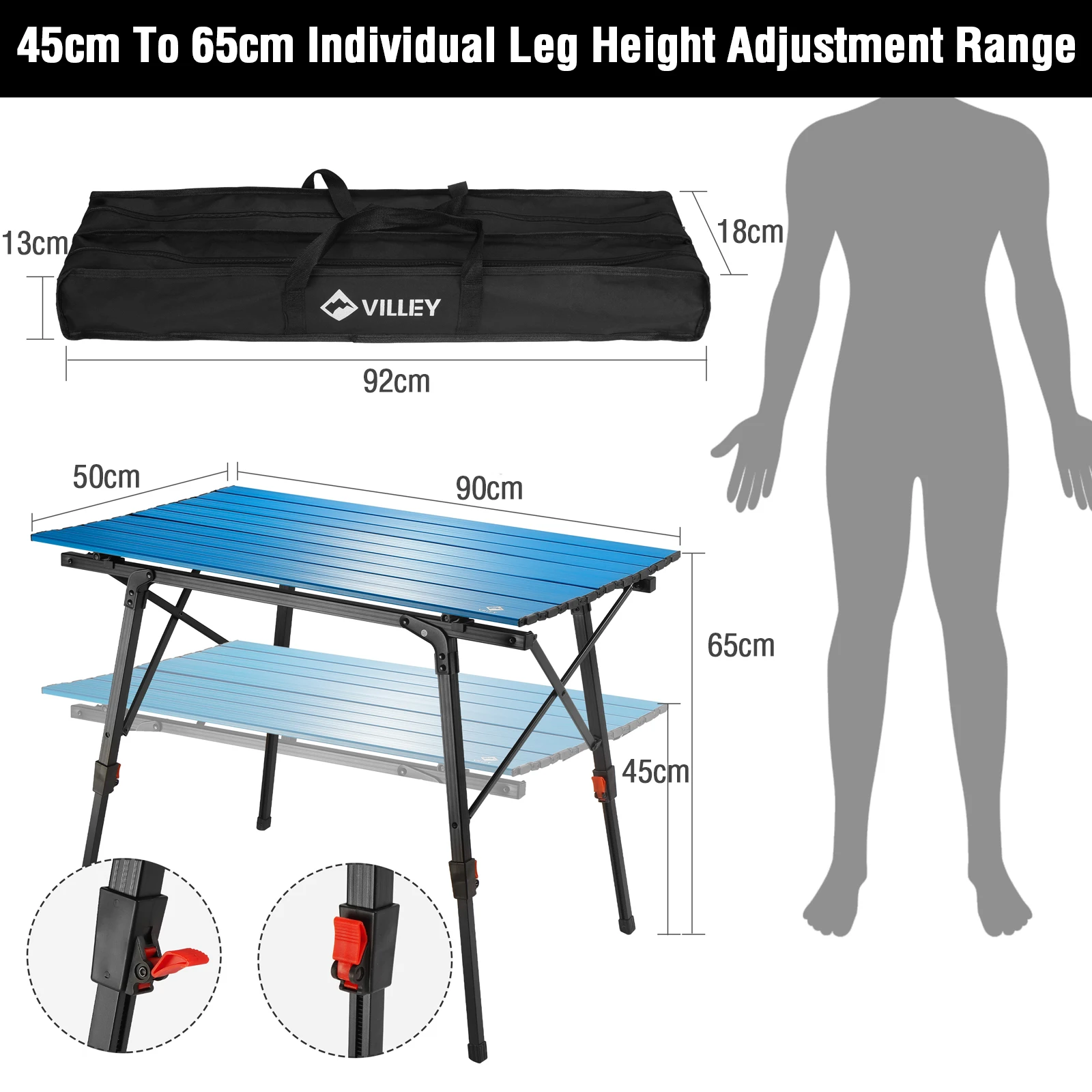 VILLEY tavolino pieghevole da esterno 90cm tavolo da campeggio in alluminio multifunzione per barbecue Picnic tavolo pieghevole scrivania stallo