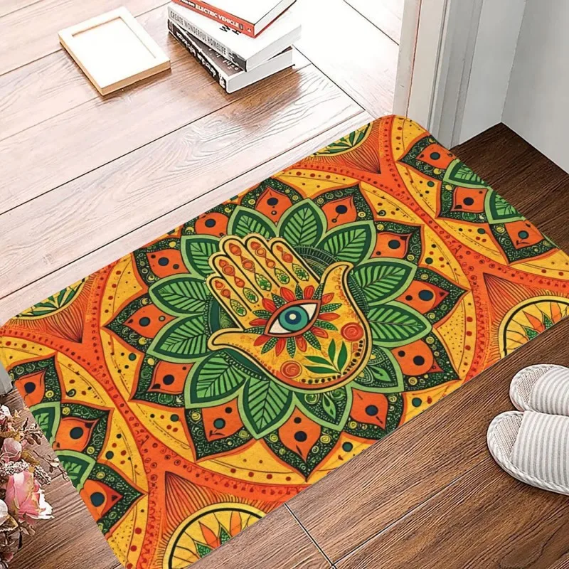 Colorful Hamsa Hand Print Doormat Mandala Floral Evil Eye Design Non Slip Floor Mat for Bohemian Decor