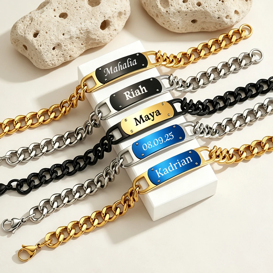 Kissmoon Custom Engrave Name Punk Thick Cuban Chain Bracelet for Men Women Engraving Curved Bar Bracelet Hip Hop Jewelry Gift