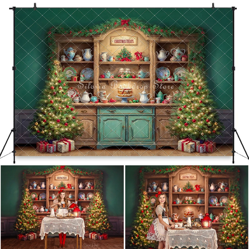 

Cabinet Of Christmas Delights Photography Backdrops Kids Baby Cake Smash Photocall Background Xmas Tree Decor Photo Studio Props