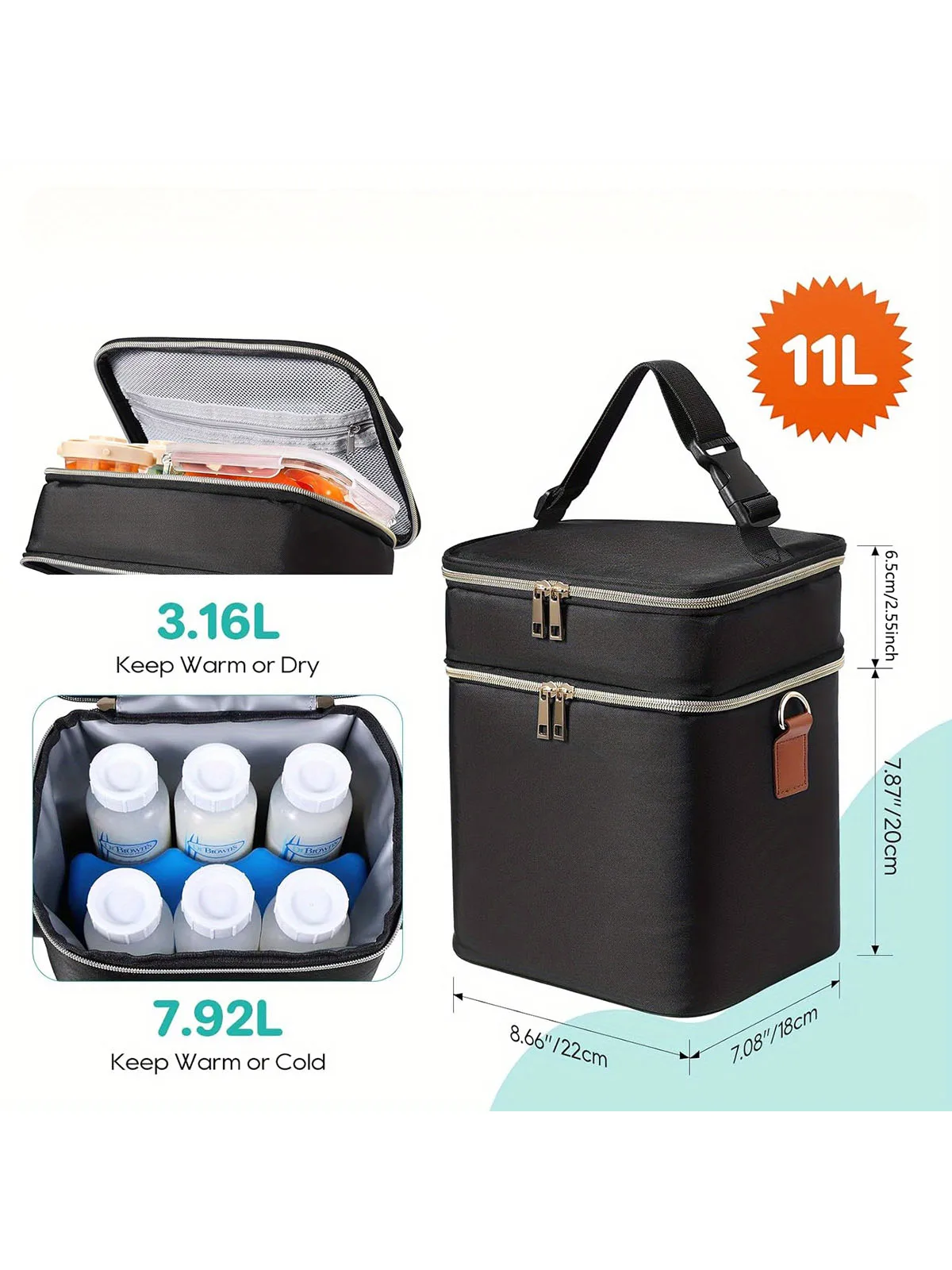 

Сумка-холодильник для грудного молока с охлаждающим элементом, вмещает 6 детских бутылочек объемом до 9 унций, двухслойная, водонепроницаемая, герметичная, с плечевым ремнем.