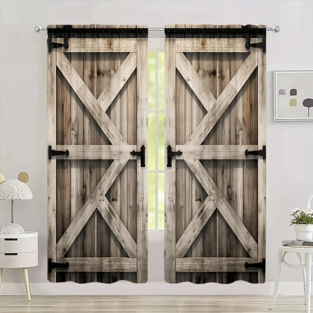 2pcs Rustic Wooden Door Pattern Curtain for Home Decoration - Perfect for Bathroom, Living Room, and Bedroom Windows