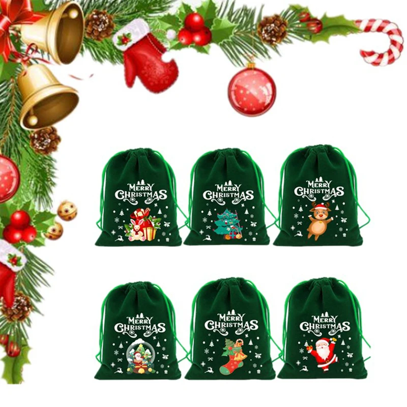 Merry Christmas Green Lint Candy Bag With Drawstring Gift Packaging Pouch Christmas Decoration New Year Favor Supplies