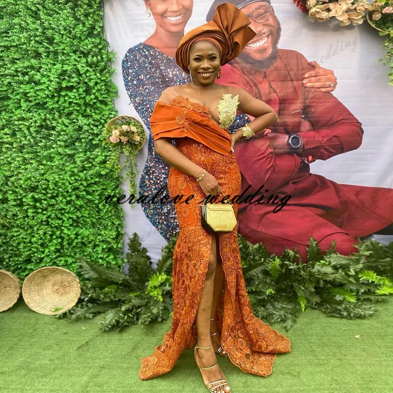 Кружевное платье-Русалка Aso Ebi, платье на одно плечо с разрезом сбоку, вечерние платья