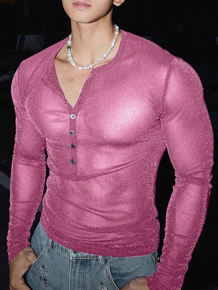 2026 Sexy Slim See-through Male Long Sleeve Tops Casual Men Buttons Shirts For Nightclub Parties Summer America Men's Clothing