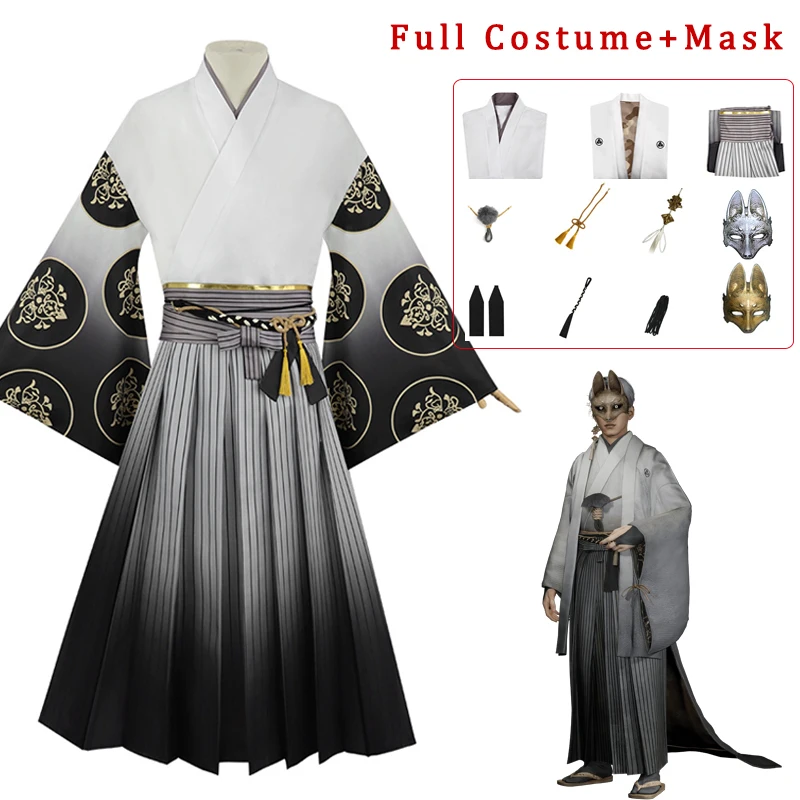 Kotoyuki Tsuneki تأثيري حلي قناع الثعلب الصامت هيل f ثوب الكيمونو الياباني الأسود التدرج فستان طويل ملابس حفلات الهالوين #1