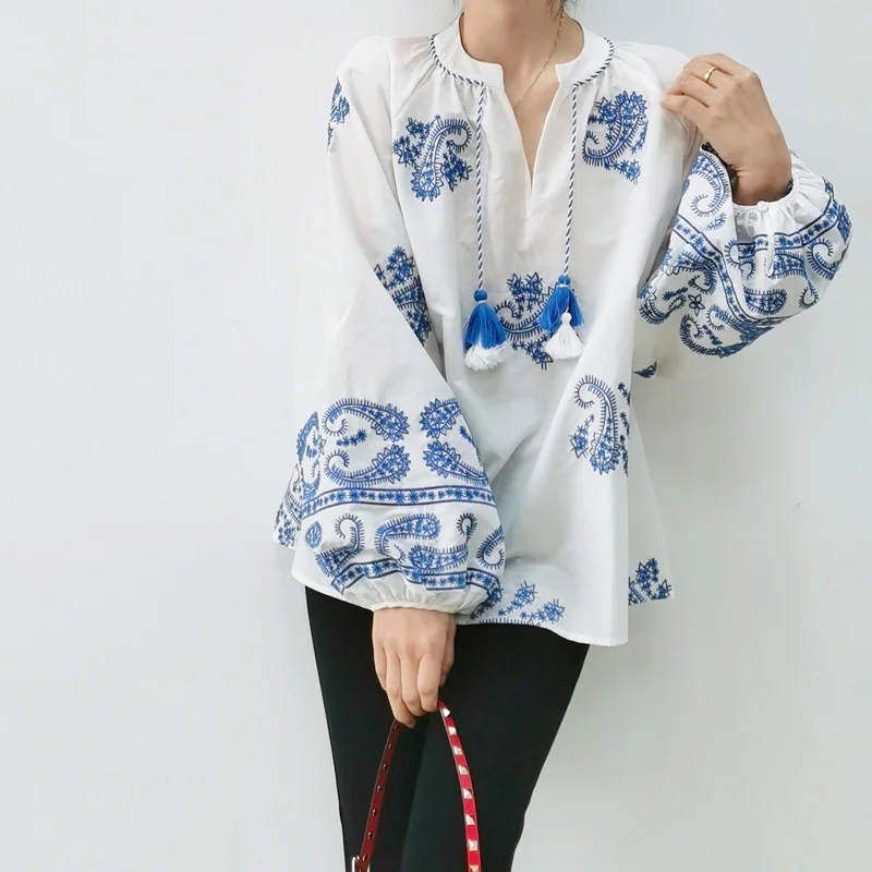 Birdtree,16MM 27.7% Silk 72.3% Cotton Blouse,Women's Embroidery Tassel Casual Tops,Lantern Sleeve Pullover,2026 New T61322JF