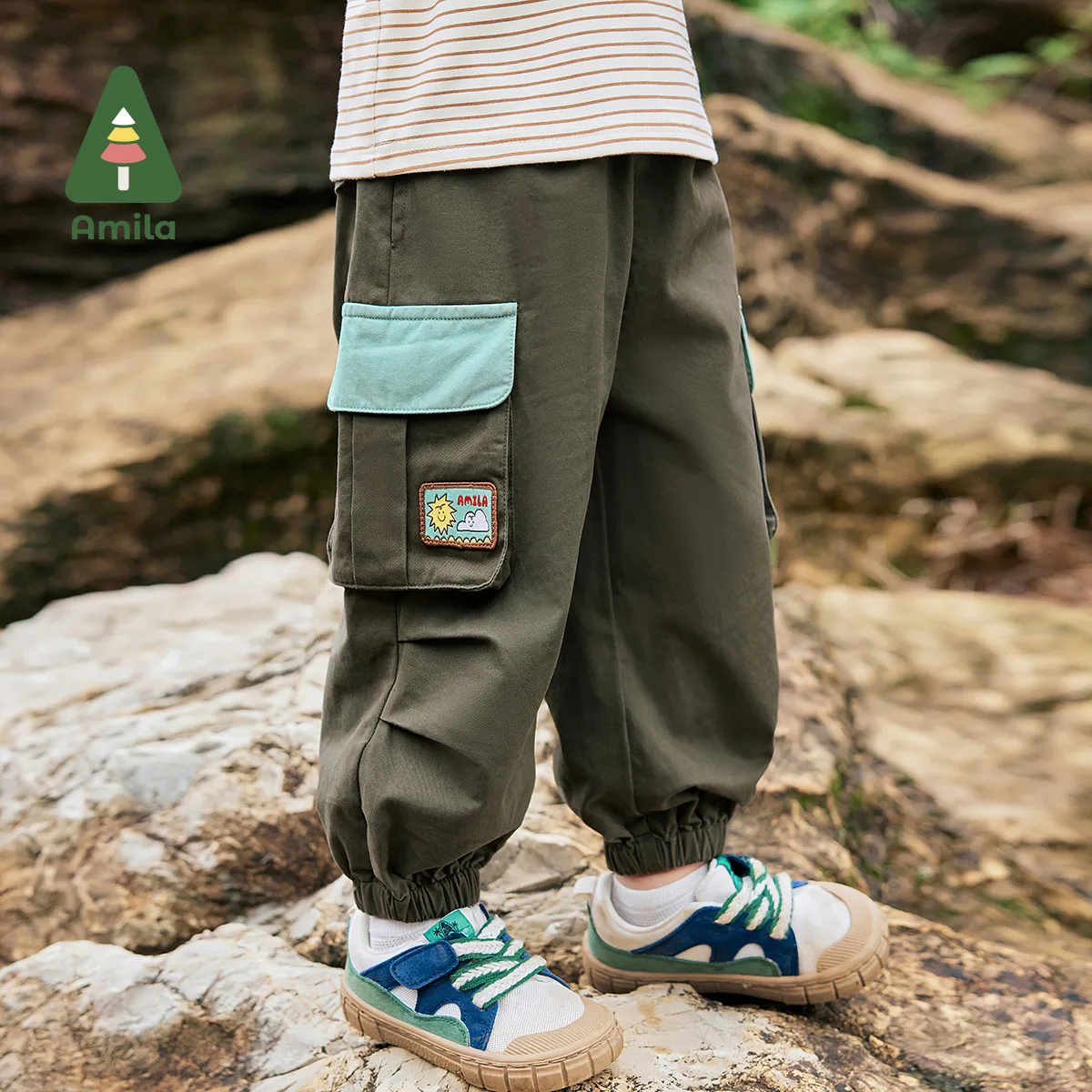 Amila Baby Overalls 2024 Autumn New Boys Soft Cotton Washable And Durable Contrast Color Pocket Outdoor Children’S Casual Pants