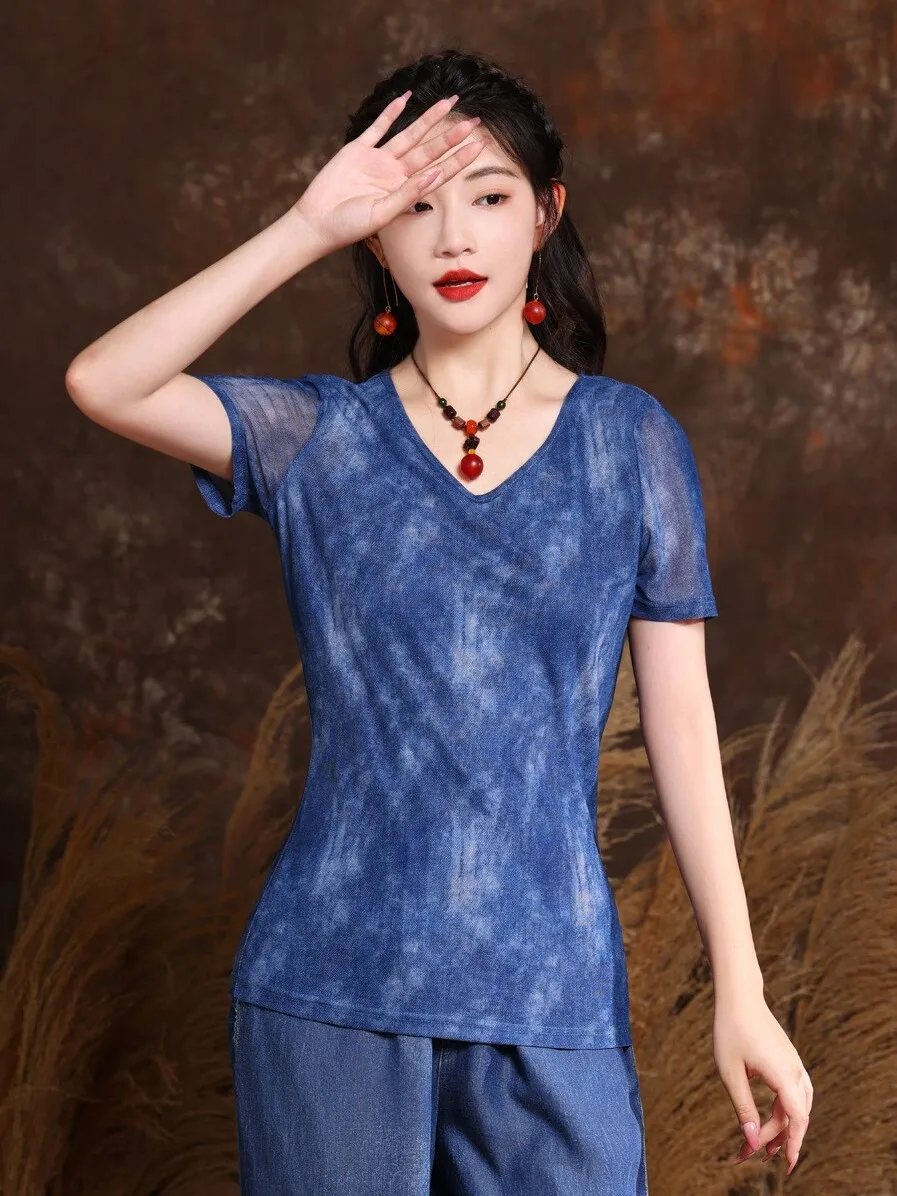 

TIYIHAILEY Shirts Women Short Sleeve Blouses Tops Vintage Stretch Tie-dye New Fashion 2025 Ladies Blue Inner Wear