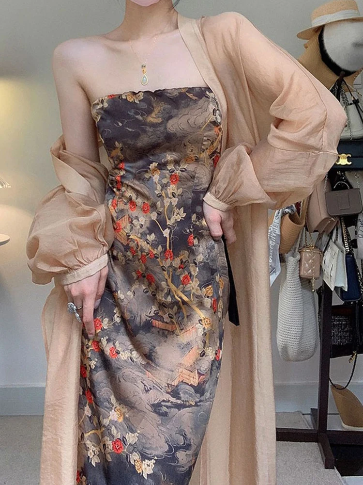 With halter skirt new Chinese sun protection cardigan female summer national chiffon shawl jacket thin air conditioning smock