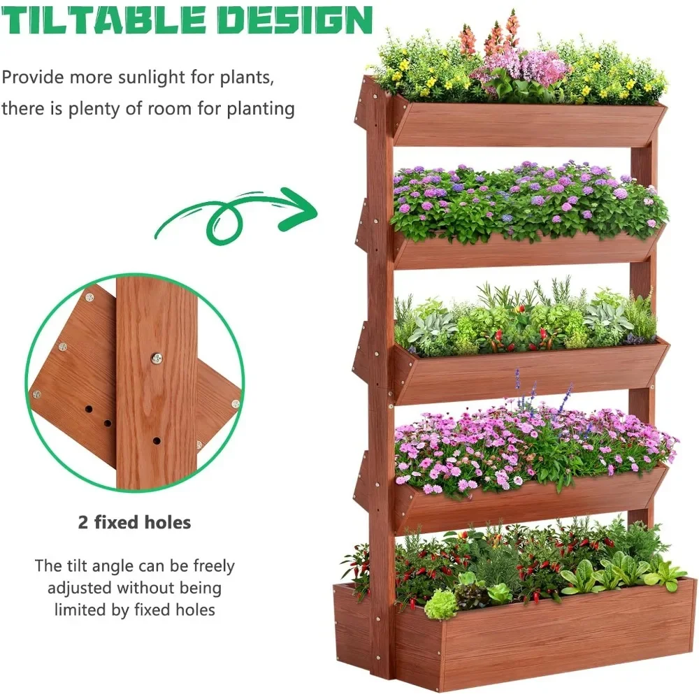 5 Tier Planters Freestanding Wood Plant Stand Flower Rack,  Wooden Planter Box for Plants Herbs Flowers Vegetables