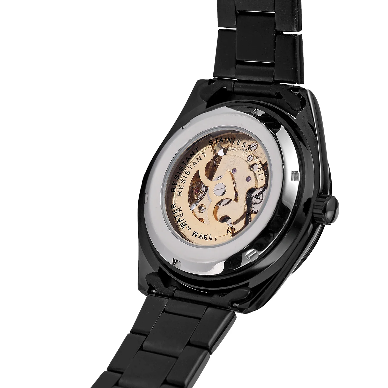 T-winner Casual minimalist Wind strip nail Gear half-hollow mechanical Watch Black Round watch Black belt Watch