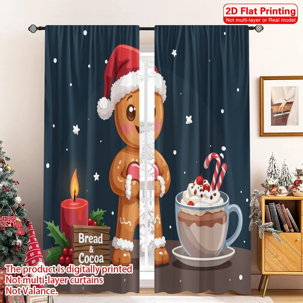 

2pcs 2D flat printing Merry Christmas Popular Curtains Gingerbread man with hot cocoa and candle Polyester Without Electricity