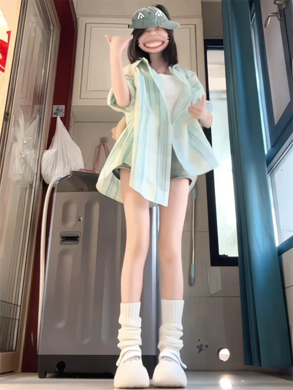 

Мятно-зеленая клетчатая рубашка с воротником и длинными рукавами, женская, осенне-зимняя, новый стиль, для создания эффектного образа, свободный крой, на пуговицах